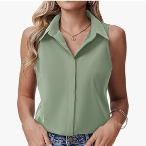 Sage Green Sleeveless Button Down Shirt Collared Top Hidden Buttons #J12